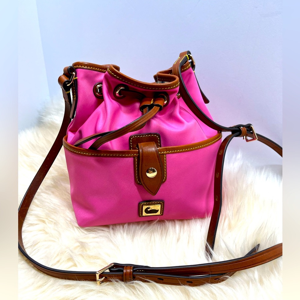 Dooney& Bourke Nylon Wayfarer Drawstring Pink Bucket Bag with Leather Trim